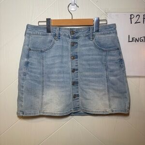 AE  Button Front High Waisted Denim Mini Skirt Super Stretch Blue Sz8 Western